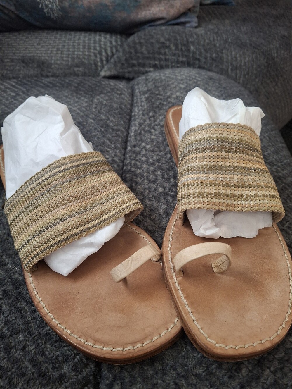 Cole Haan Woven Strap Leather Toe-Loop Sandals in Natural Tan